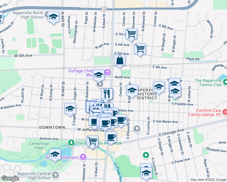 map of restaurants, bars, coffee shops, grocery stores, and more near 20 North Washington Street in Naperville