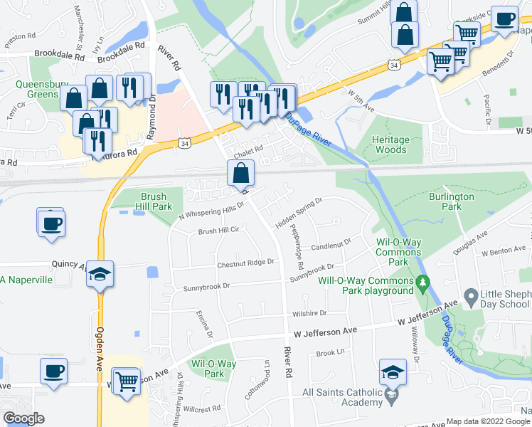 map of restaurants, bars, coffee shops, grocery stores, and more near in Naperville