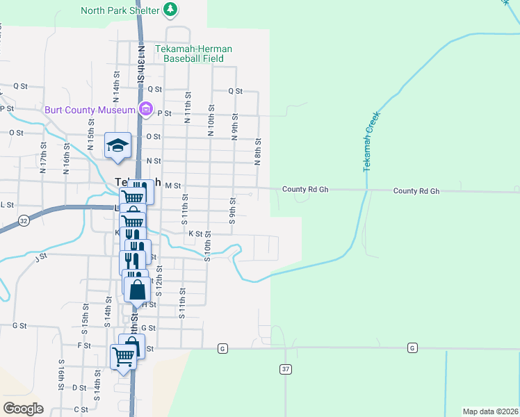 map of restaurants, bars, coffee shops, grocery stores, and more near 716 K Street in Tekamah