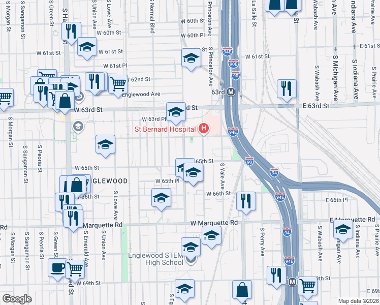 map of restaurants, bars, coffee shops, grocery stores, and more near 346 West 65th Street in Chicago