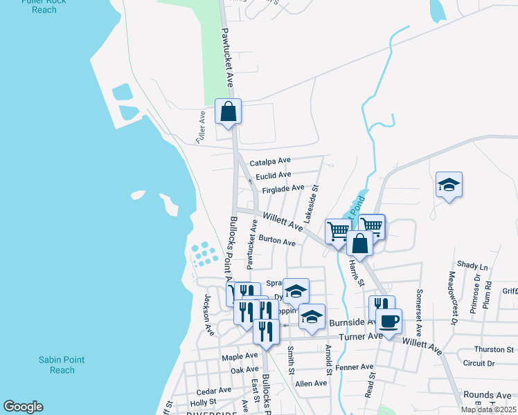 map of restaurants, bars, coffee shops, grocery stores, and more near 36 Willett Avenue in East Providence