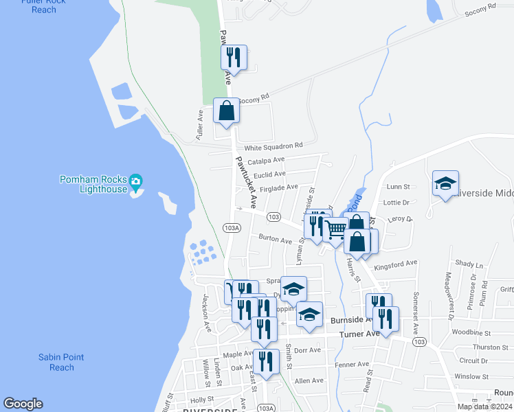 map of restaurants, bars, coffee shops, grocery stores, and more near 36 Willett Avenue in East Providence