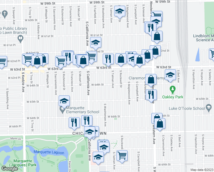 map of restaurants, bars, coffee shops, grocery stores, and more near 6401 South Washtenaw Avenue in Chicago