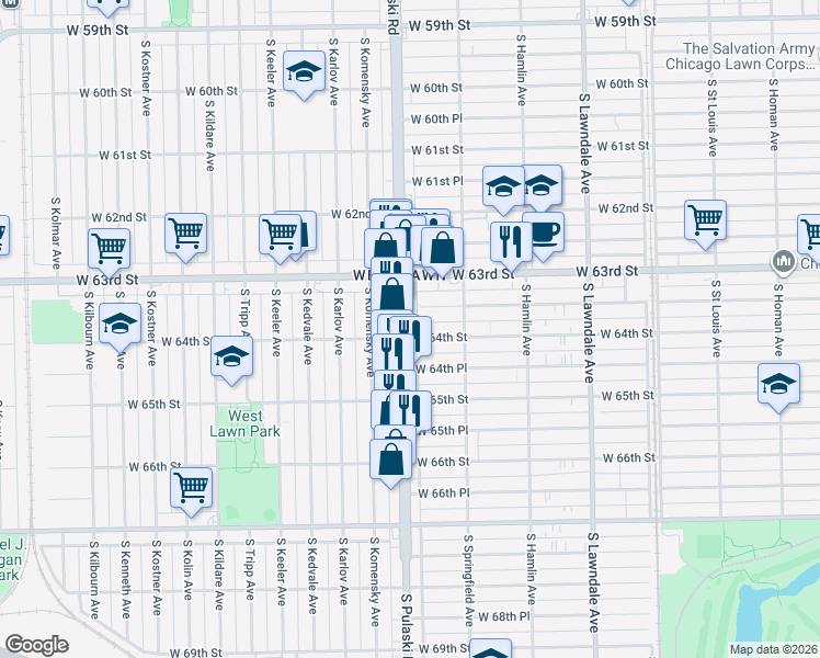 map of restaurants, bars, coffee shops, grocery stores, and more near 6400 South Pulaski Road in Chicago