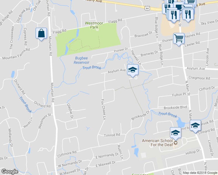 map of restaurants, bars, coffee shops, grocery stores, and more near 45 Porter Drive in West Hartford