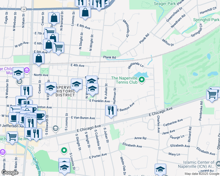 map of restaurants, bars, coffee shops, grocery stores, and more near in Naperville