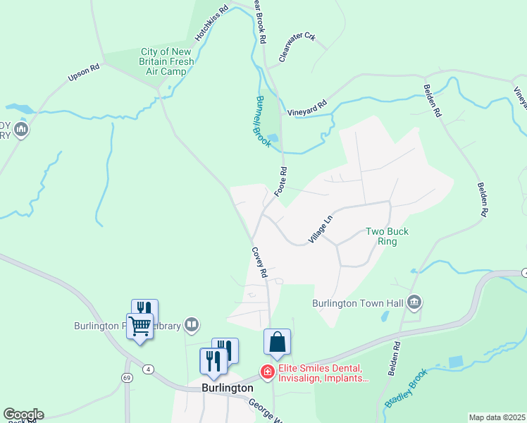 map of restaurants, bars, coffee shops, grocery stores, and more near 2 Village Lane in Burlington