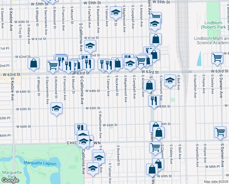 map of restaurants, bars, coffee shops, grocery stores, and more near 6424 South Rockwell Street in Chicago