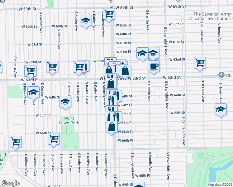 map of restaurants, bars, coffee shops, grocery stores, and more near 6400 South Pulaski Road in Chicago