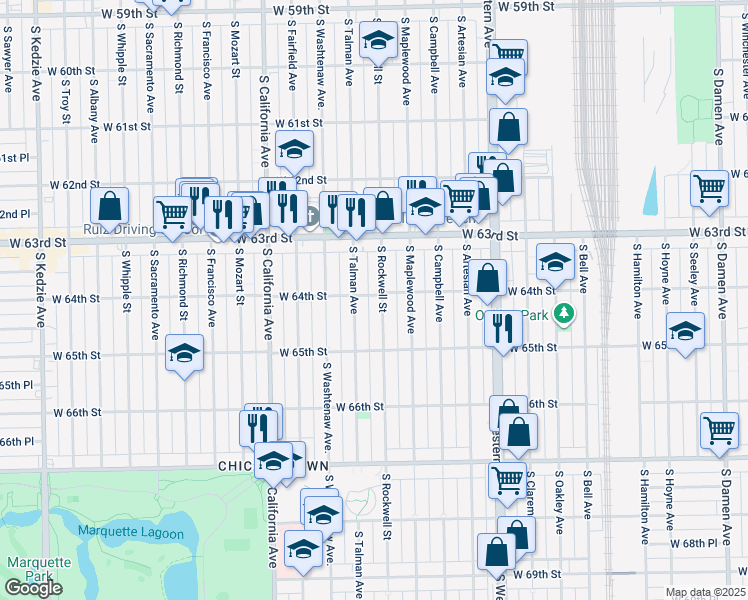 map of restaurants, bars, coffee shops, grocery stores, and more near 6424 South Rockwell Street in Chicago
