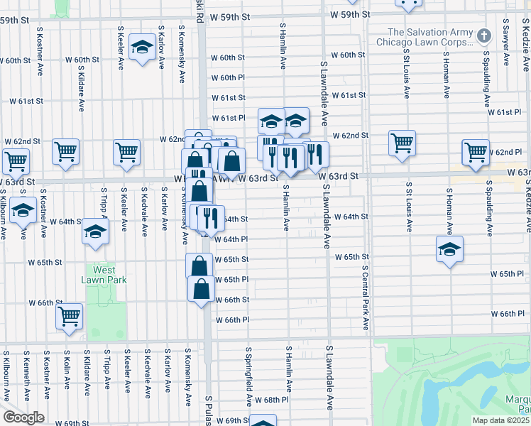 map of restaurants, bars, coffee shops, grocery stores, and more near 3819 West 64th Street in Chicago