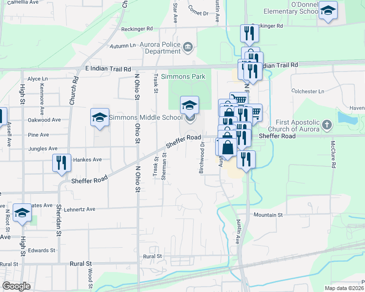 map of restaurants, bars, coffee shops, grocery stores, and more near 922 Harley Court in Aurora