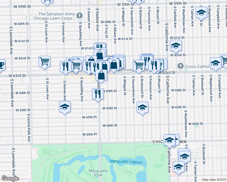 map of restaurants, bars, coffee shops, grocery stores, and more near 6421 South Albany Avenue in Chicago
