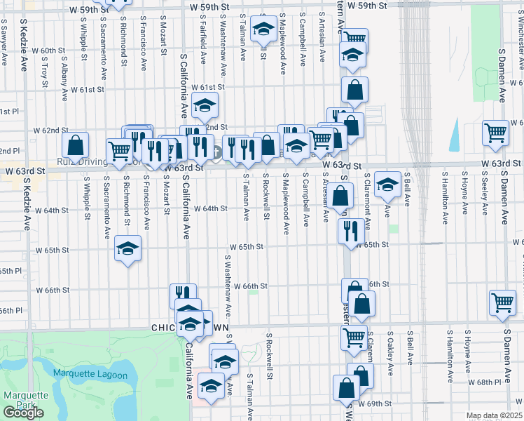 map of restaurants, bars, coffee shops, grocery stores, and more near 6400 South Rockwell Street in Chicago