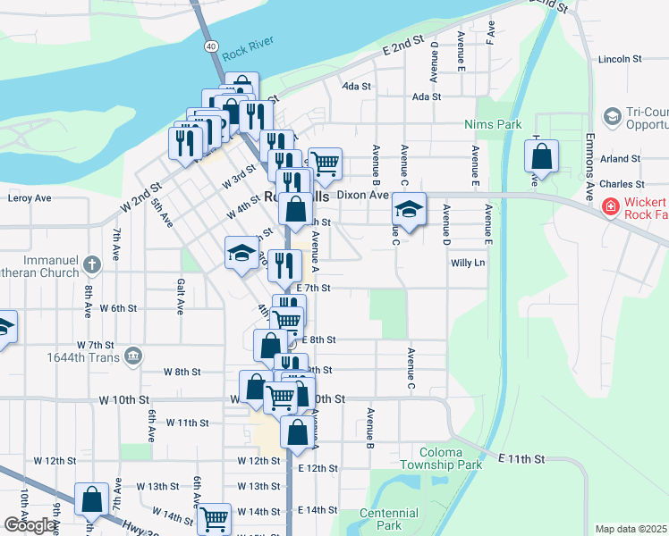 map of restaurants, bars, coffee shops, grocery stores, and more near 301 East 7th Street in Rock Falls