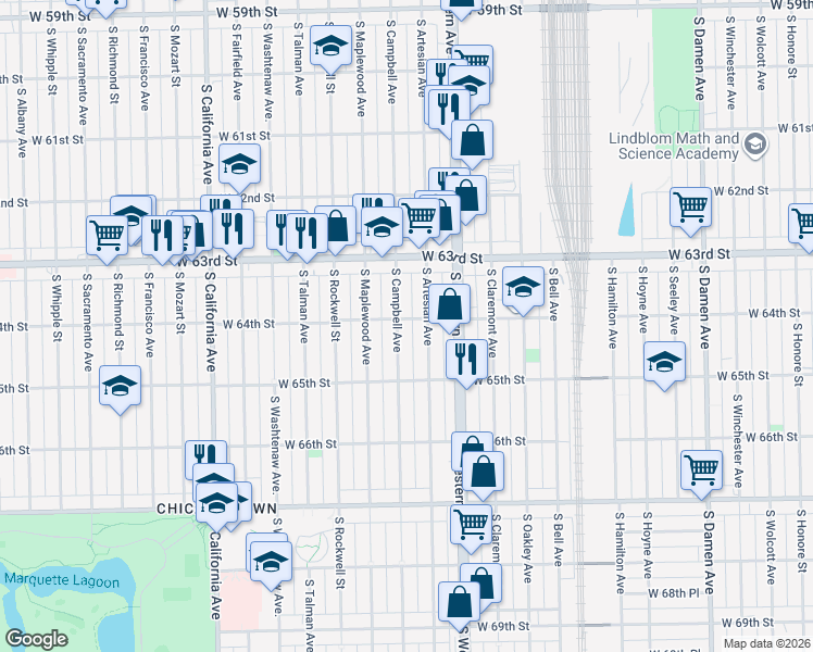 map of restaurants, bars, coffee shops, grocery stores, and more near 6429 South Campbell Avenue in Chicago