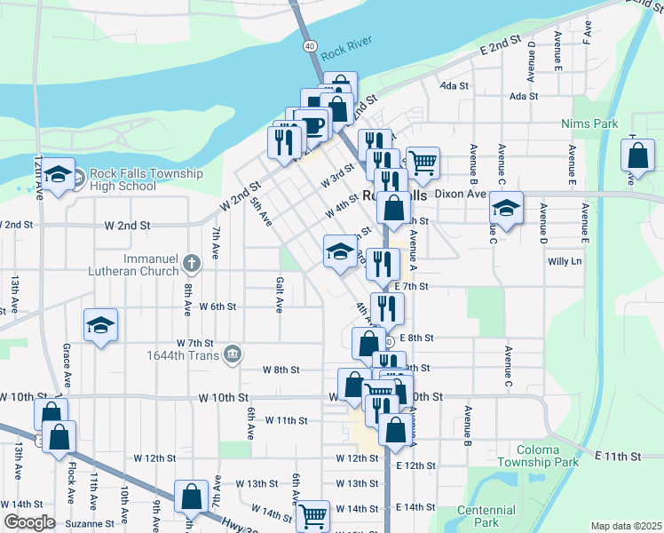 map of restaurants, bars, coffee shops, grocery stores, and more near 600 4th Avenue in Rock Falls