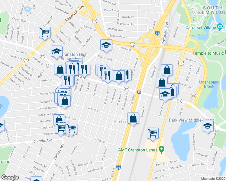 map of restaurants, bars, coffee shops, grocery stores, and more near 103 Auburn Street in Cranston