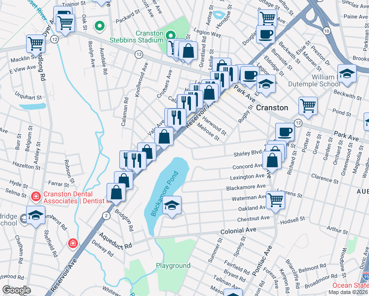 map of restaurants, bars, coffee shops, grocery stores, and more near 150 Shirley Boulevard in Cranston
