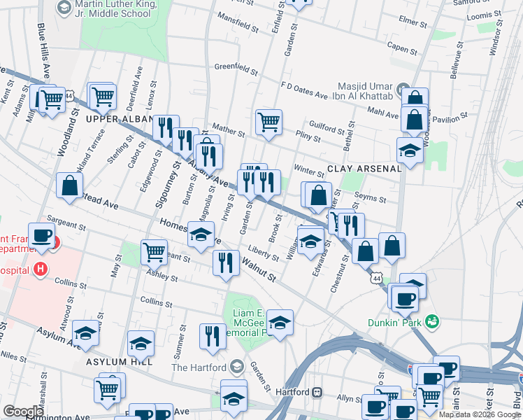 map of restaurants, bars, coffee shops, grocery stores, and more near 29 Bedford Street in Hartford