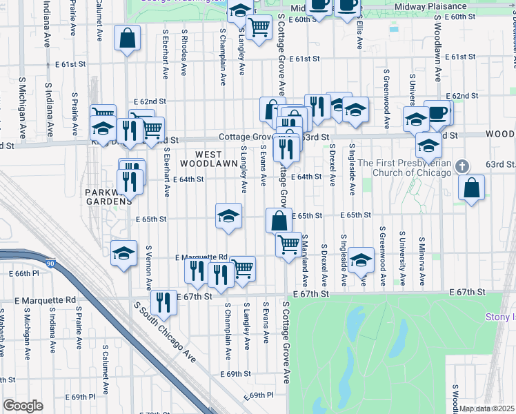 map of restaurants, bars, coffee shops, grocery stores, and more near 6506 South Evans Avenue in Chicago