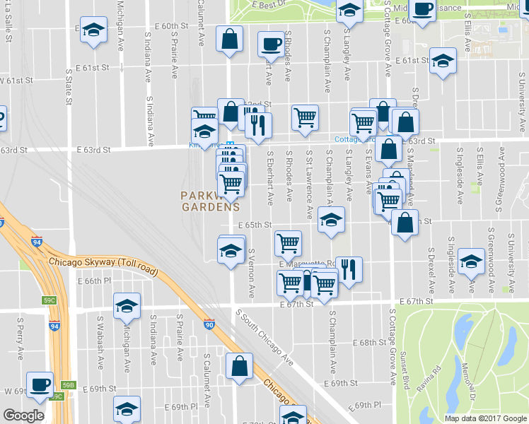 map of restaurants, bars, coffee shops, grocery stores, and more near 6500 South Eberhart Avenue in Chicago