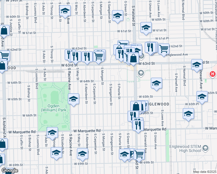 map of restaurants, bars, coffee shops, grocery stores, and more near 6447 South Sangamon Street in Chicago