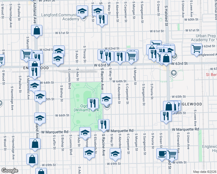 map of restaurants, bars, coffee shops, grocery stores, and more near 6441 South Racine Avenue in Chicago