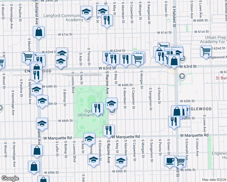 map of restaurants, bars, coffee shops, grocery stores, and more near 6441 South Racine Avenue in Chicago