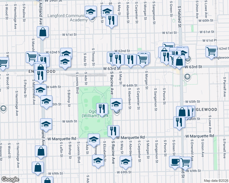 map of restaurants, bars, coffee shops, grocery stores, and more near 6441 South Racine Avenue in Chicago