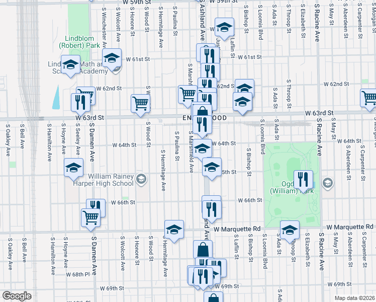 map of restaurants, bars, coffee shops, grocery stores, and more near 6435 South Paulina Street in Chicago