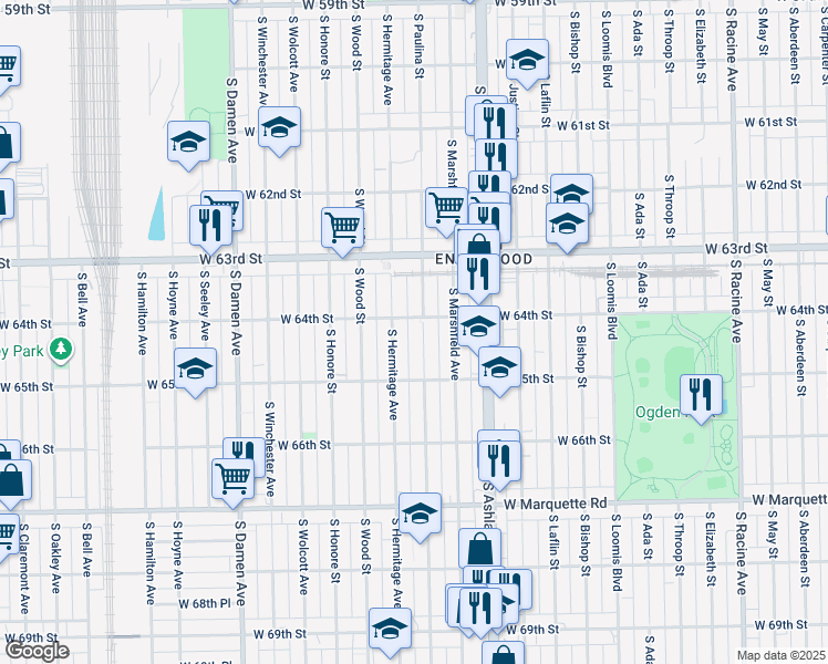 map of restaurants, bars, coffee shops, grocery stores, and more near 6437 South Hermitage Avenue in Chicago