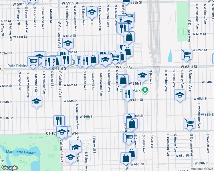 map of restaurants, bars, coffee shops, grocery stores, and more near 6429 South Maplewood Avenue in Chicago