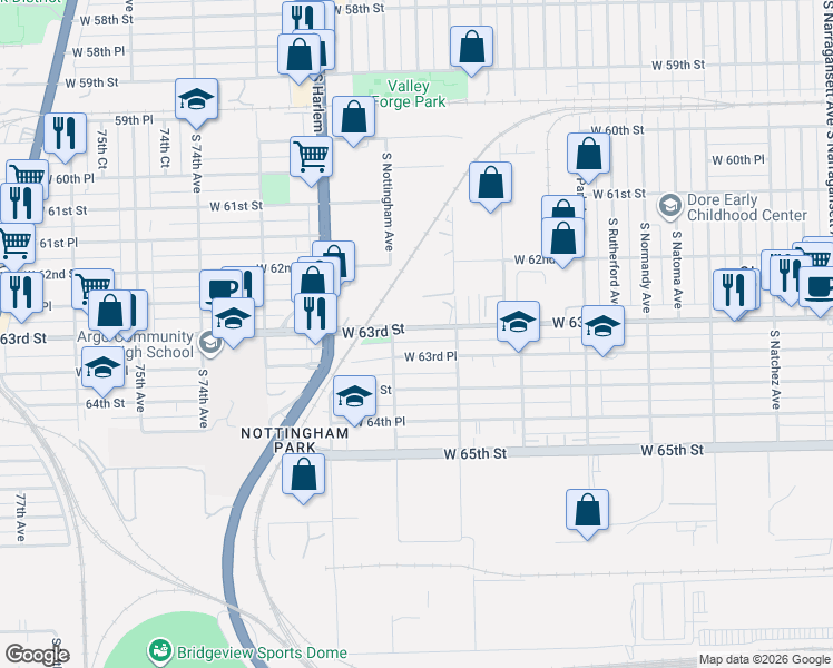 map of restaurants, bars, coffee shops, grocery stores, and more near 7053 West 63rd Place in Chicago