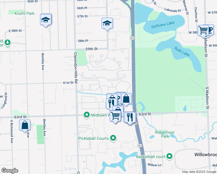 map of restaurants, bars, coffee shops, grocery stores, and more near 6156 Knoll Way Drive in Willowbrook