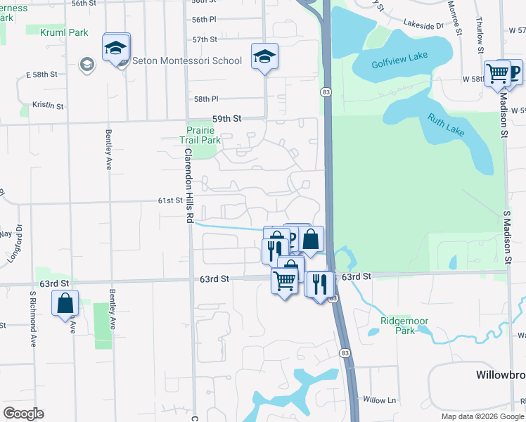 map of restaurants, bars, coffee shops, grocery stores, and more near 6156 Knoll Way Drive in Willowbrook