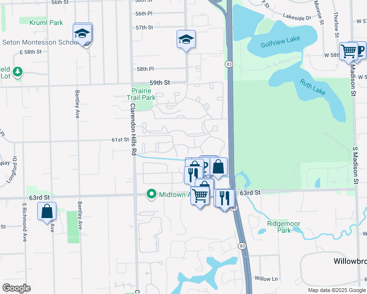 map of restaurants, bars, coffee shops, grocery stores, and more near 6156 Knoll Way Drive in Willowbrook