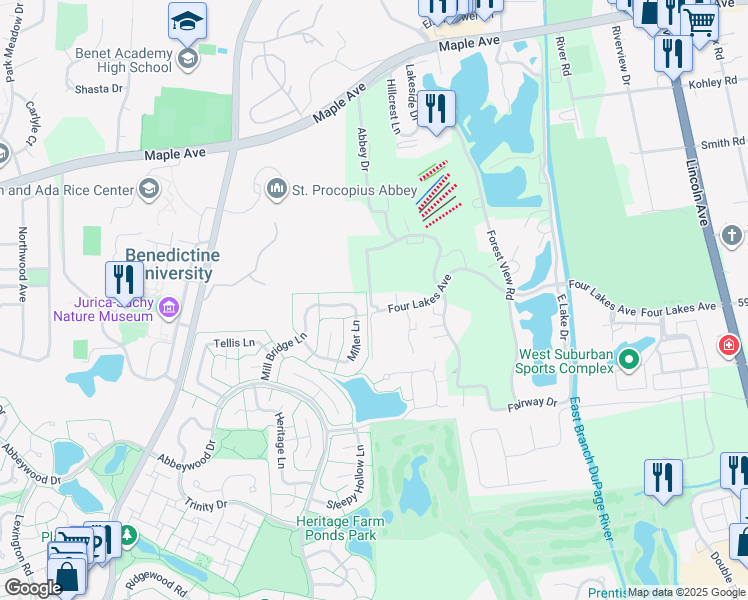 map of restaurants, bars, coffee shops, grocery stores, and more near 5907 Meadow Drive in Lisle