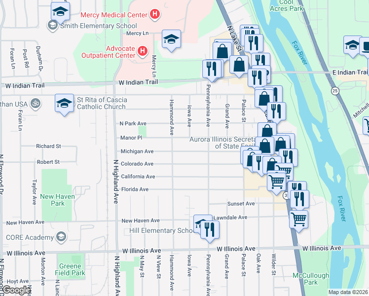 map of restaurants, bars, coffee shops, grocery stores, and more near 393 Colorado Avenue in Aurora