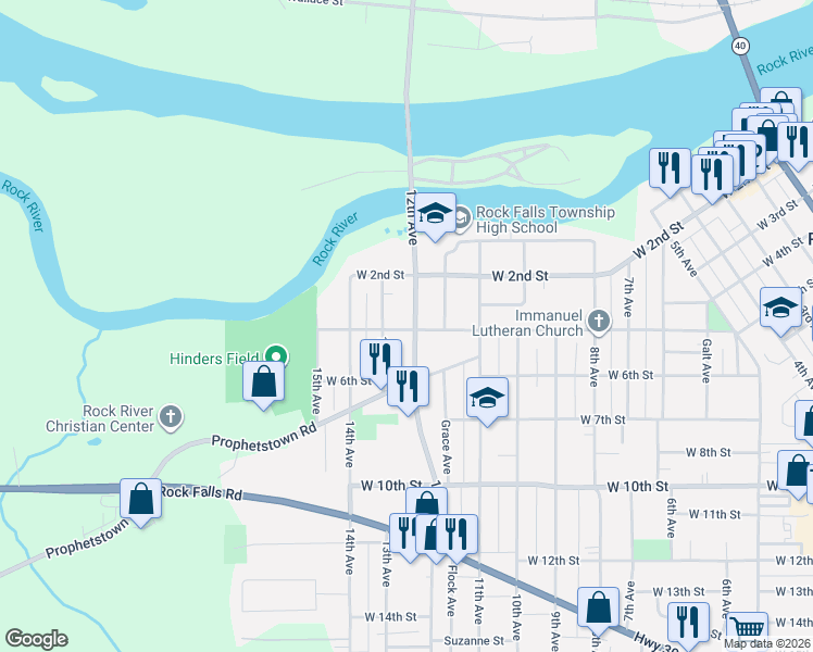 map of restaurants, bars, coffee shops, grocery stores, and more near 507 12th Avenue in Rock Falls