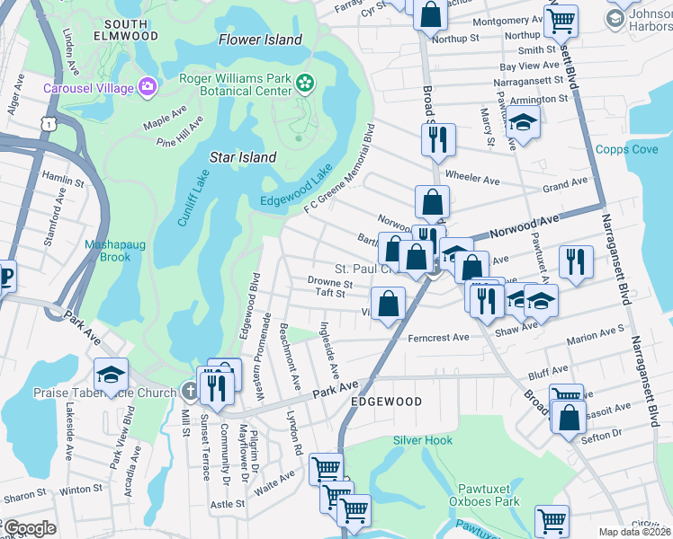 map of restaurants, bars, coffee shops, grocery stores, and more near 51 Taft Street in Cranston