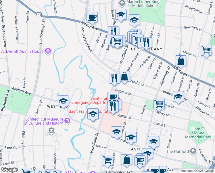 map of restaurants, bars, coffee shops, grocery stores, and more near 43 Woodland Park in Hartford