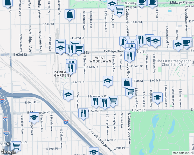 map of restaurants, bars, coffee shops, grocery stores, and more near 6503 South Saint Lawrence Avenue in Chicago