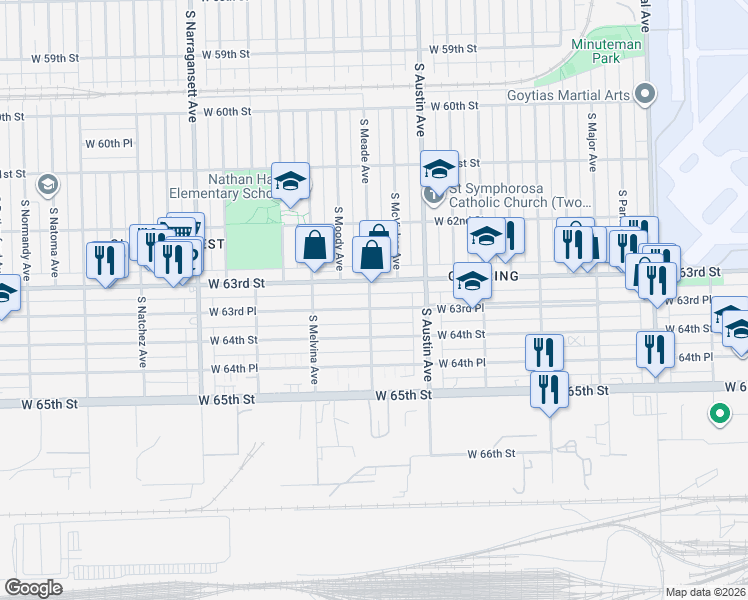 map of restaurants, bars, coffee shops, grocery stores, and more near 6101 West 63rd Place in Chicago