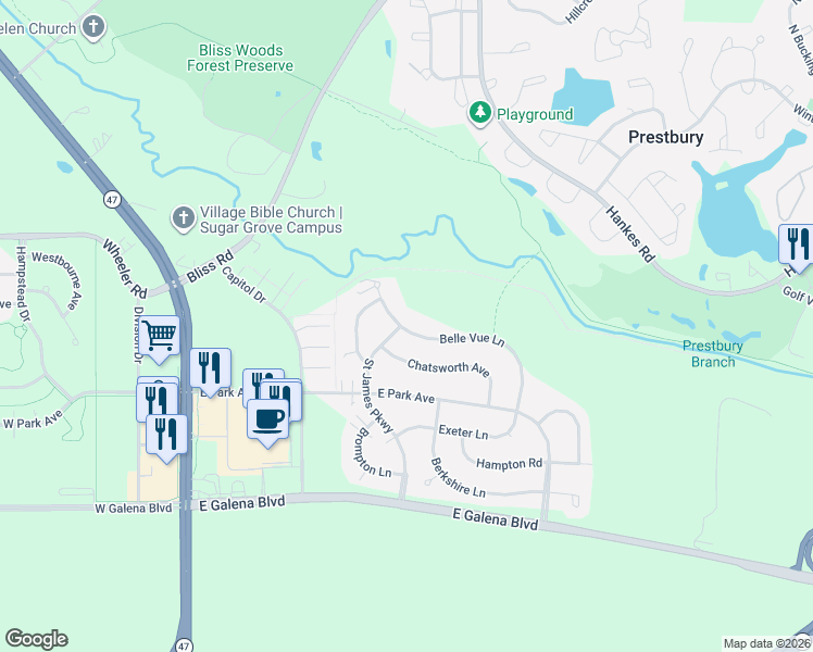 map of restaurants, bars, coffee shops, grocery stores, and more near 244 Chatsworth Avenue in Sugar Grove