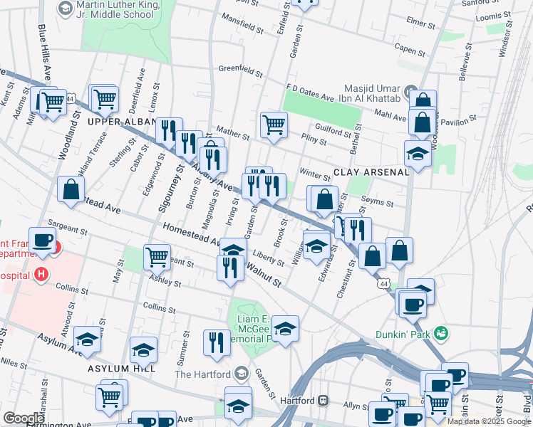 map of restaurants, bars, coffee shops, grocery stores, and more near 61 Bedford Street in Hartford