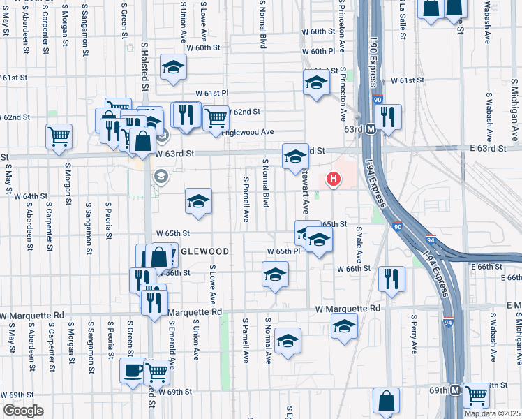 map of restaurants, bars, coffee shops, grocery stores, and more near 6424 South Normal Boulevard in Chicago