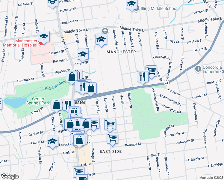 map of restaurants, bars, coffee shops, grocery stores, and more near 187 East Center Street in Manchester