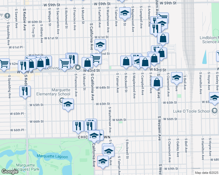 map of restaurants, bars, coffee shops, grocery stores, and more near 2701 West 64th Street in Chicago