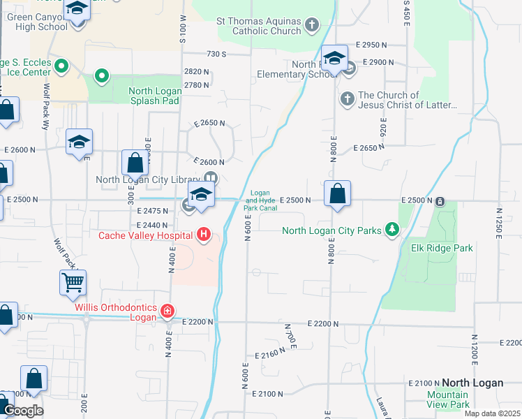 map of restaurants, bars, coffee shops, grocery stores, and more near 623 East 2475 North in North Logan